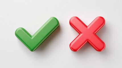 Obraz premium Green check mark and red x symbol on white background for decision making and approval or rejection concept.