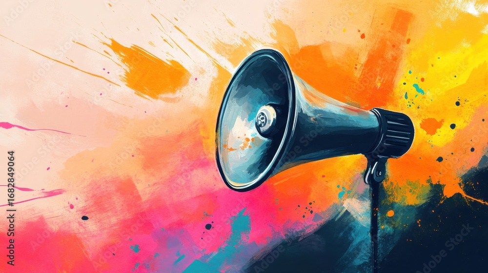 Poster megaphone emitting sound in vibrant abstract background
