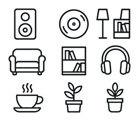 Home Audio Icon Set. Outline icon set of relaxing home audio setup: speaker, vinyl record, sofa, floor lamp,