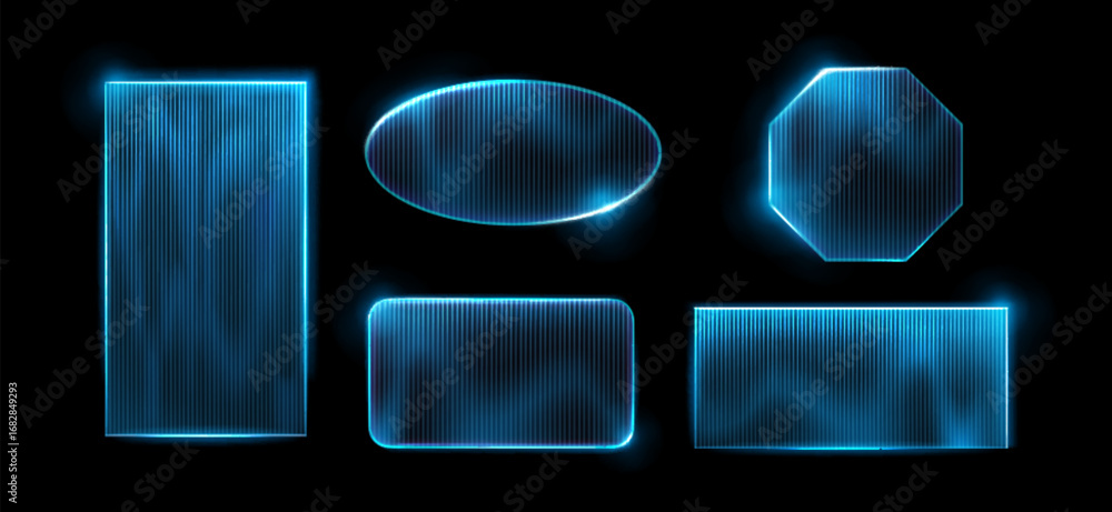 Poster ribbed glass frames with glossy neon blue glow on black background for modern interface and display 
