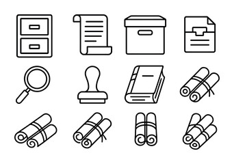 Historical Archives Icons. Outline icon set of historical archives: file cabinet, parchment roll, storage box,