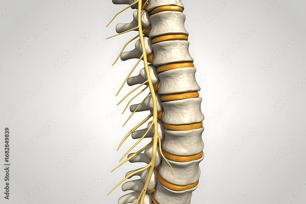 Poster 3d anatomical rendering of the human spine showing vertebrae and nerves lateral view
