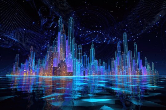 A futuristic city at night, glowing with vibrant colors. Abstract lines and digital particles float around the buildings