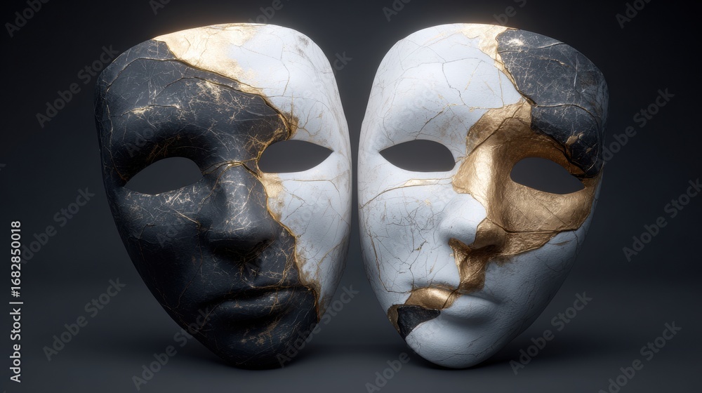 Poster unique artistic display of two contrasting masks highlighting beauty and flaws in a creative setting