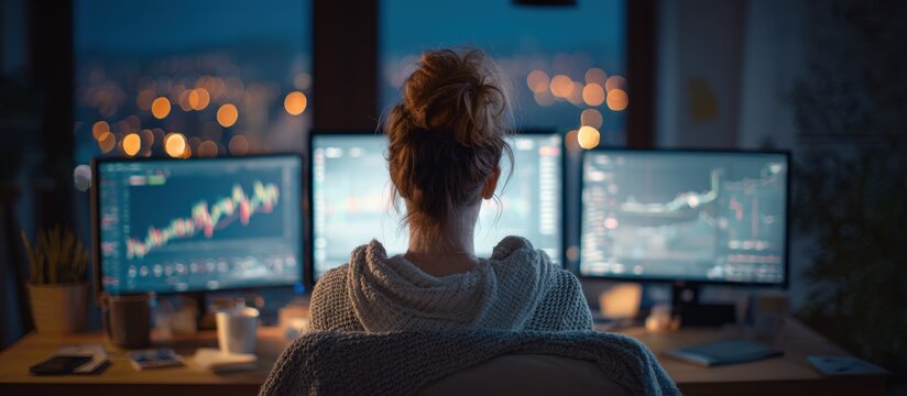 Woman focused on multiple computer screens at night, illuminated by warm light, likely in a home office - Powered by Adobe