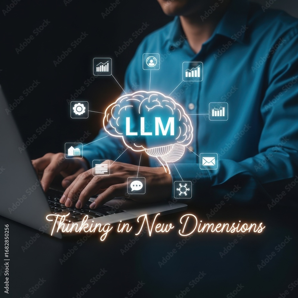 Poster person using laptop with glowing brain network and business icons generative ai business cybersecuri