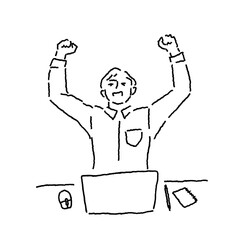 Businessman celebrating success with both arms raised in front of a laptop, line art illustration