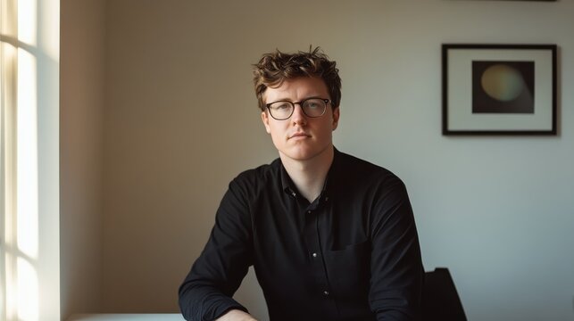 Serious young man sitting indoors by window in black shirt