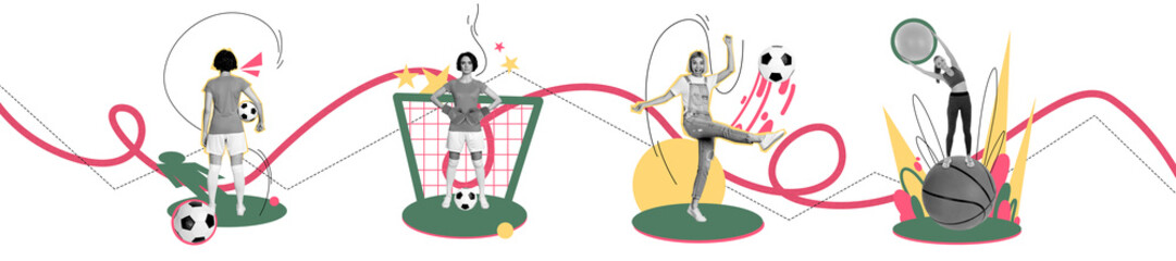 Sketch panoramic banner 3d photo collage of happy football player team member push ball goalkeeper...