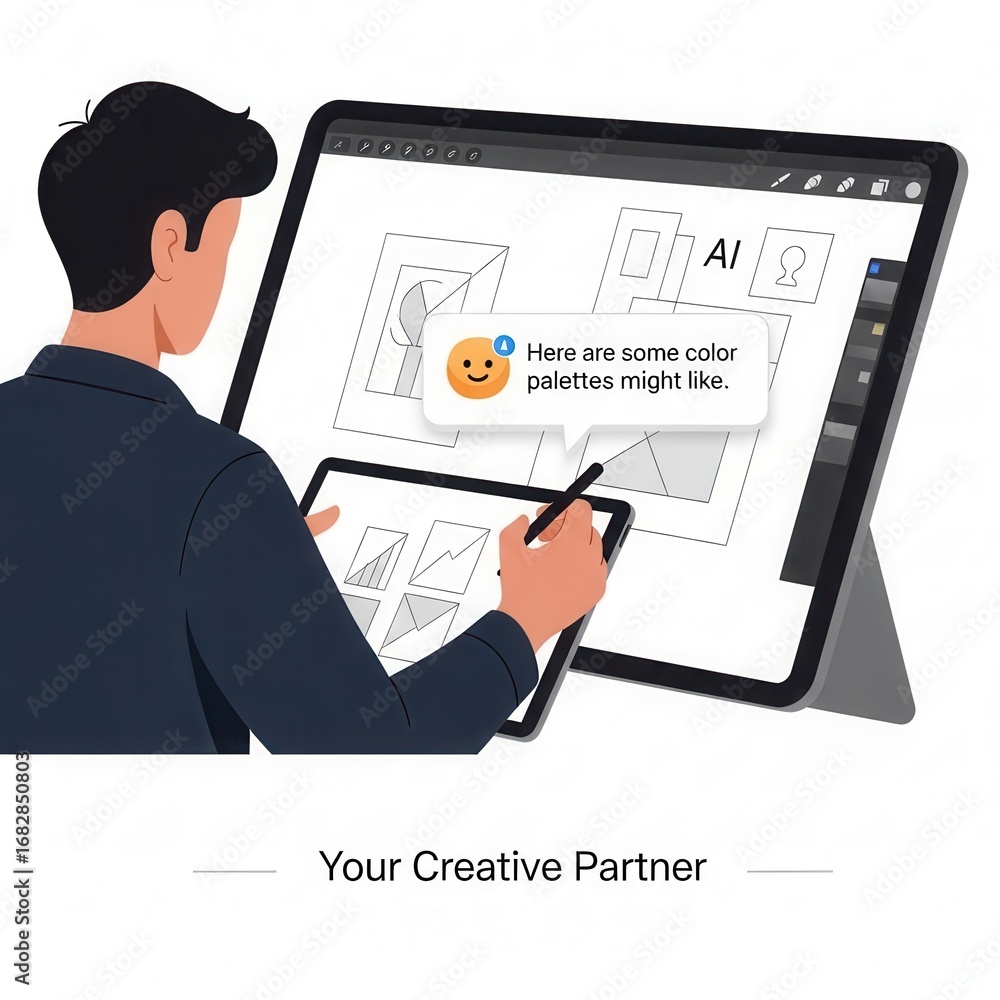 Aufkleber Person using tablet and large screen with A I interface and design elements Generative AI business Cybersecurity