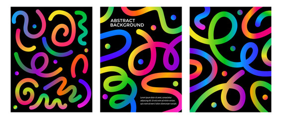 Abstract Gradient Color Lines posters set. Vertical banners with typography, groovy doodle wavy stripes on dark background. Rainbow spiral ribbons, dynamic squiggles scribble, swirls. Vector