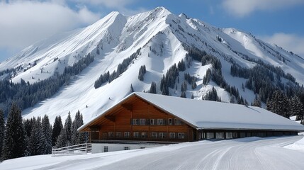 Snow-covered mountain landscape with a wooden chalet set against the stunning Alps during winter in a serene and picturesque setting