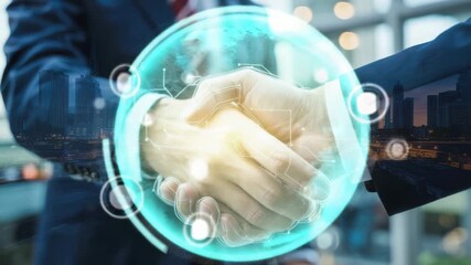 Business handshake symbolizing agreement and partnership with digital technology overlay - Powered by Adobe