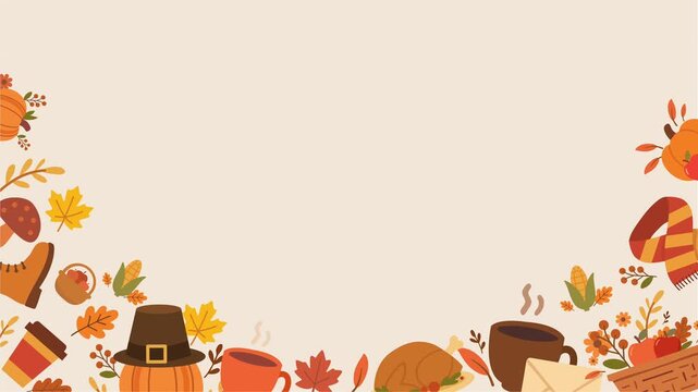 Thanksgiving harvest border with autumn food and rustic elements