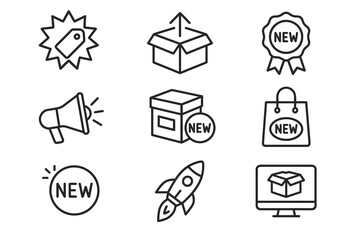 Monochrome icons for new product release and marketing promotions
