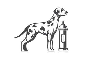 Stylish Dalmatian Dog Leaning on Postbox, Vintage Look on White Background