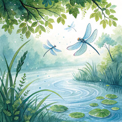 Tranquil watercolor landscape with dragonflies flying over a calm pond in a lush green forest.