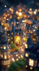 Night miniature town with glowing lights and bokeh.