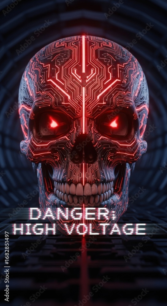 Poster red circuit board skull with glowing eyes and danger high voltage text technology generative ai busi