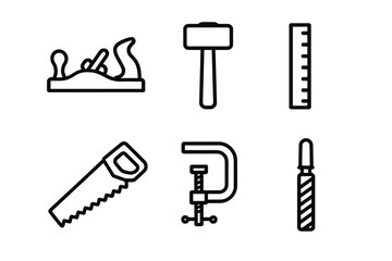 Set of six black and white carpenters tools icons for woodworking and construction