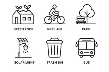 Eco-friendly urban icons: green roof, bike lane, park, solar light, trash bin, bus