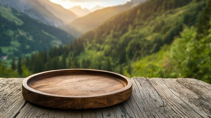 Fototapeta premium Wooden counter with empty round tray for product display with mountain landscape at sunset. Natural beauty background.