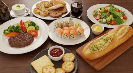 International Dining Spread Featuring Grilled Steak with Vegetables, Fresh Sushi Rolls, Green Salad, Garlic Bread, Cheese with Crackers, and Creamy Soup
