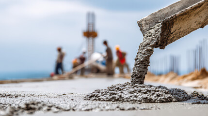 Fototapeta premium Concrete Pouring: A close-up shot captures fresh concrete flowing seamlessly onto a construction site, highlighting the crucial process of creating the solid foundations necessary for buildings.
