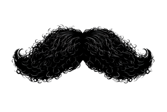 Detailed, textured mustache, outlined in white, with glittery accents, on black background