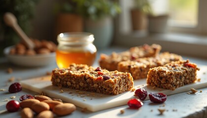 Four granola bars with almonds and cranberries in kitchen