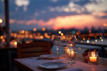 Candlelit dinner table for two on a rooftop terrace, overlooking the sunset sky, soft bokeh city lights
