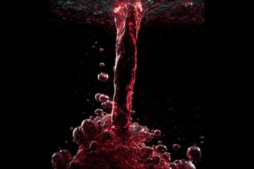 Red liquid pouring, swirling bubbles
