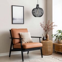 A stylish, modern living room featuring a mid-century armchair, a woven pendant lamp, and a minimalist print.