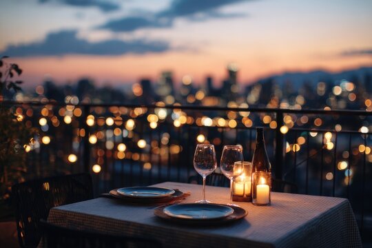 Candlelit dinner table for two on a rooftop terrace, overlooking the sunset sky, soft bokeh city lights - Powered by Adobe