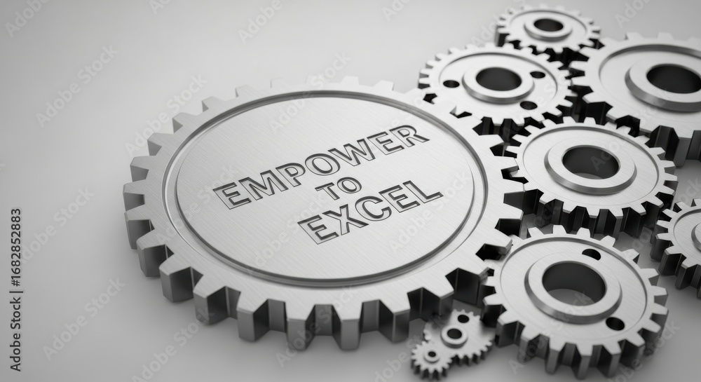 Poster silver gears with text empower to excel on light gray background cogwheels mechanical