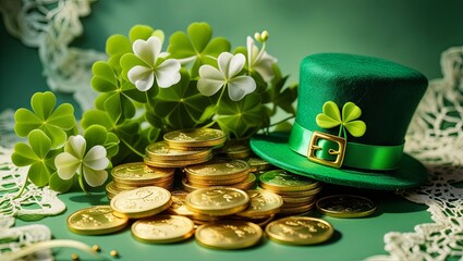A playful St. Patrick’s Day scene featuring bright green shamrocks, delicate white patterns, sparkling gold coins, and a small emerald leprechaun hat set against a warm cream background, evoking a nos