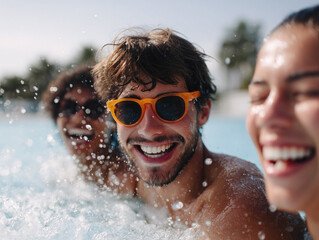 Three cheerful friends laughing in a pool, captured in a bright, sundrenched setting. Expresses joy, friendship, and summer fun. Perfect for travel, lifestyle, or positive emotion themes.