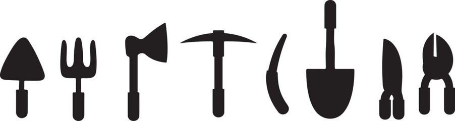 Tools Silhouettes – Pickaxe, Saw, Wrench, Axe, Spanner, Work Tools, Industrial, Black Shape, Minimal, Construction, DIY, Handyman, Repair, Illustration, Vector, Heavy Tools, Crafting, Engineering, Lin