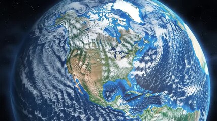 A slowly rotating Planet Earth as seen from space with a focus on the North American continent and moving clouds - Powered by Adobe