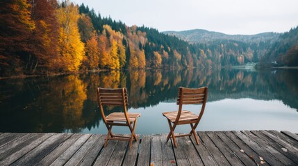 Two empty chairs on a lake pier overlooking colorful autumn forest and calm water reflection. Scenic view for fall season and quiet travel.