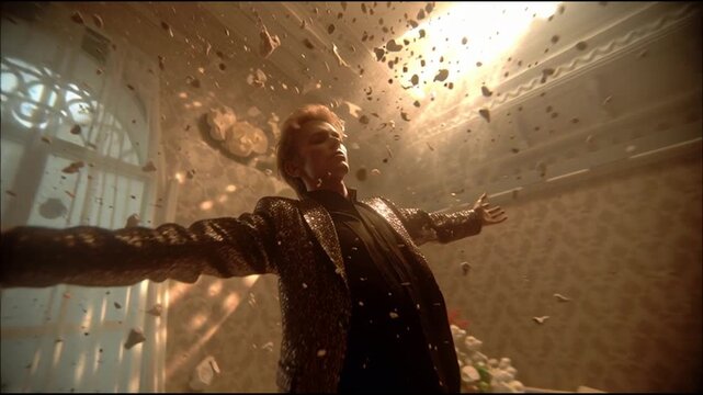 Start with a tight cinematic shot of Ziggy Stardusts face, eyes closed, floating mid-air in a dark, abandoned Soviet- room