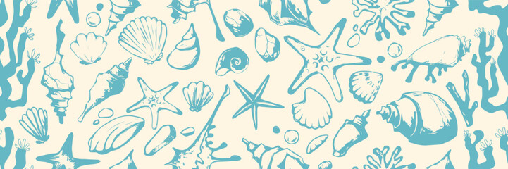 Nautical bg with boho shell seamless pattern for textile design - turquoise starfish, scallops and coral elements. Marine life motifs with seaweed and bubbles for beach themed decoration or fabric.