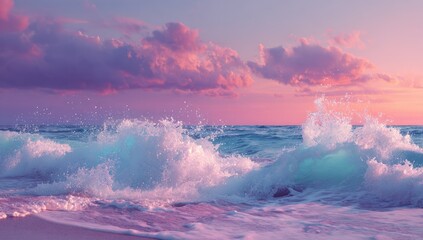 A vibrant sunset over a beach with pastel waves