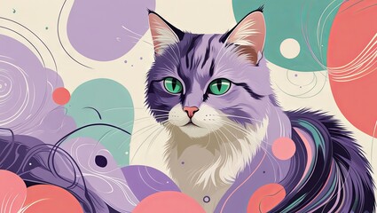 A contemporary cat illustration blending abstract geometric and organic shapes in fashionable colors, created for International Cat Day