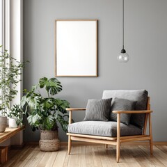 A modern, minimalist living room scene features a wooden armchair, potted plants, and a blank frame against a neutral backdrop.