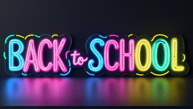 A neon 'Back to School' sign with brightly glowing multicolored letters on a black background.