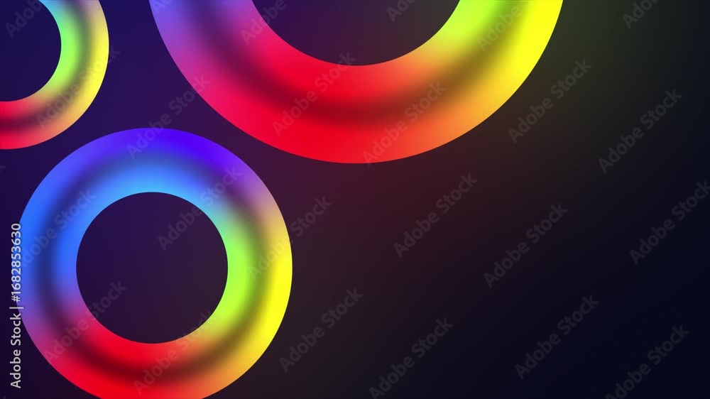 Poster futuristic abstract background with glowing 3d rainbow torus shapes in vibrant spectral colors on a 