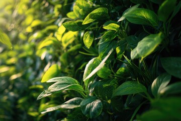 Close up of a vibrant vertical garden wall in an urban apartment, sunlight highlighting different green leaves.