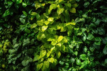 Obraz premium Close up of a vibrant vertical garden wall in an urban apartment, sunlight highlighting different green leaves.