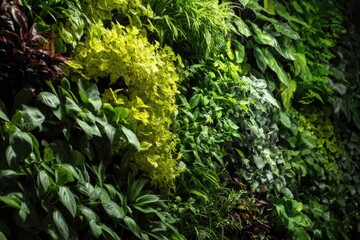 Close up of a vibrant vertical garden wall in an urban apartment, sunlight highlighting different green leaves.